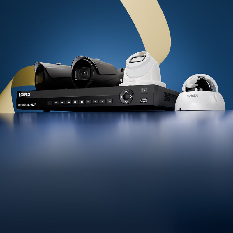 Lorex business security camera system featuring a 4K NVR recorder and wired bullet and dome cameras