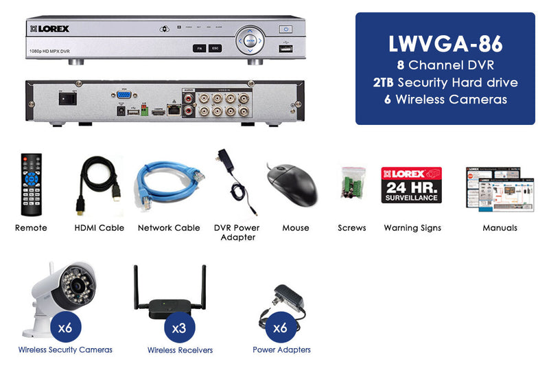 Security surveillance system with 6 wireless cameras and 8 Channel 1080p DVR