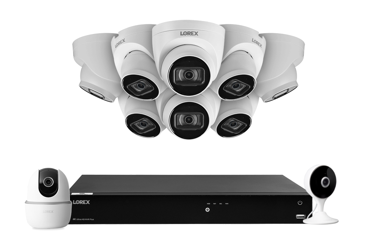 Lorex Fusion 4K (16 Camera Capable) 4TB Wired NVR System with 8 White IP Dome Cameras, One 2K Pan-Tilt Indoor Wi-Fi Camera and One 2K Indoor Wi-Fi Camera