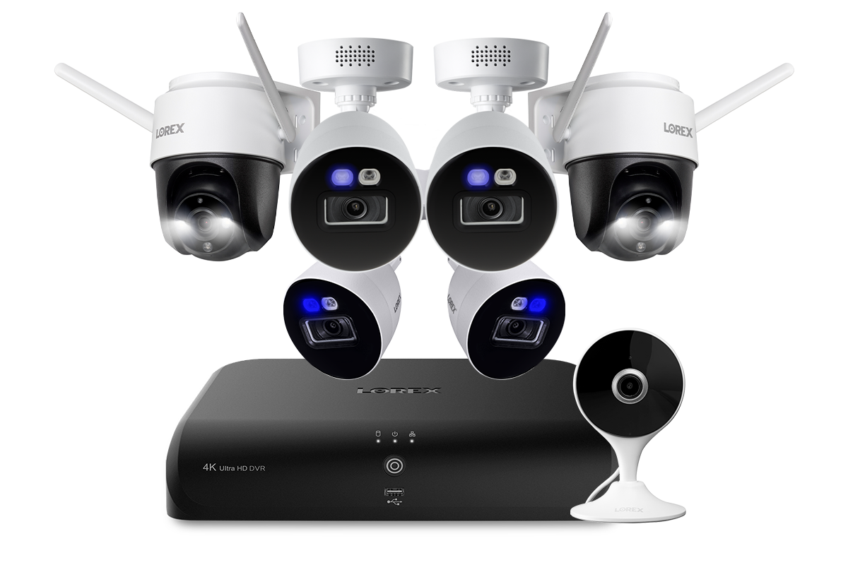 Lorex Fusion 4K 12-Camera Capable (8 Wired + 4 Fusion Wi-Fi) 2TB Wired DVR System with 4 Smart Deterrence Cameras, 2K Indoor Wi-Fi Camera and Two 2K Pan-Tilt Outdoor Wi-Fi Security Cameras
