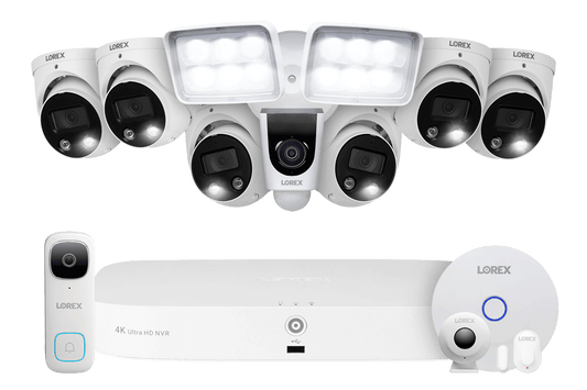 Lorex Fusion 4K 8-Channel 2TB Wired NVR System with 6 Dome Cameras + 2K Wi-Fi Video Doorbell, Wi-Fi Floodlight Camera and Smart Sensor Kit