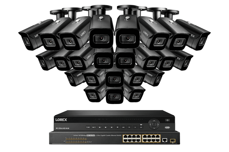 Lorex 4K (32 Camera Capable) 8TB Wired NVR System with Nocturnal 3 24 Black Smart IP Bullet Cameras Featuring Motorized Varifocal Lens and 30FPS Recording
