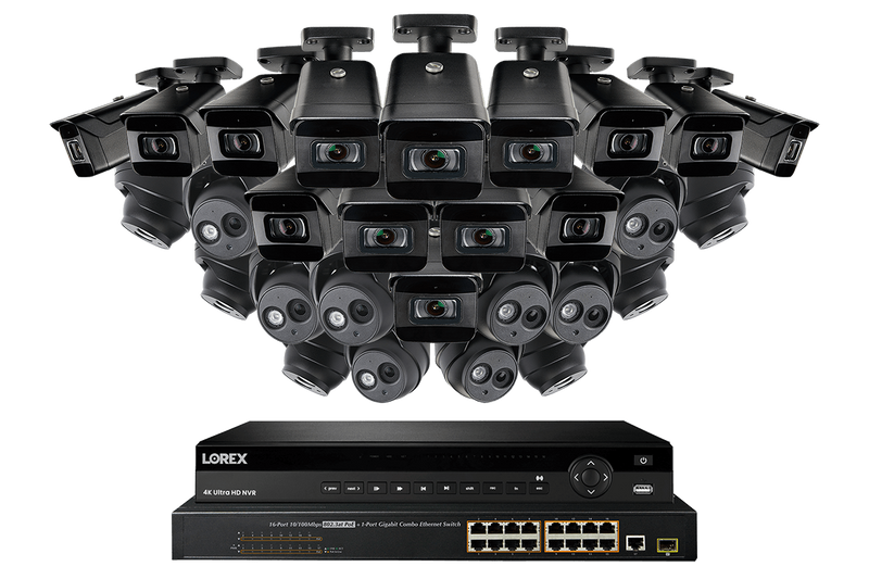 32 Channel Nocturnal IP Security Camera System featuring Fourteen 4K IP Cameras with Real-time 30FPS Recording and Fourteen 4K IP Audio Domes