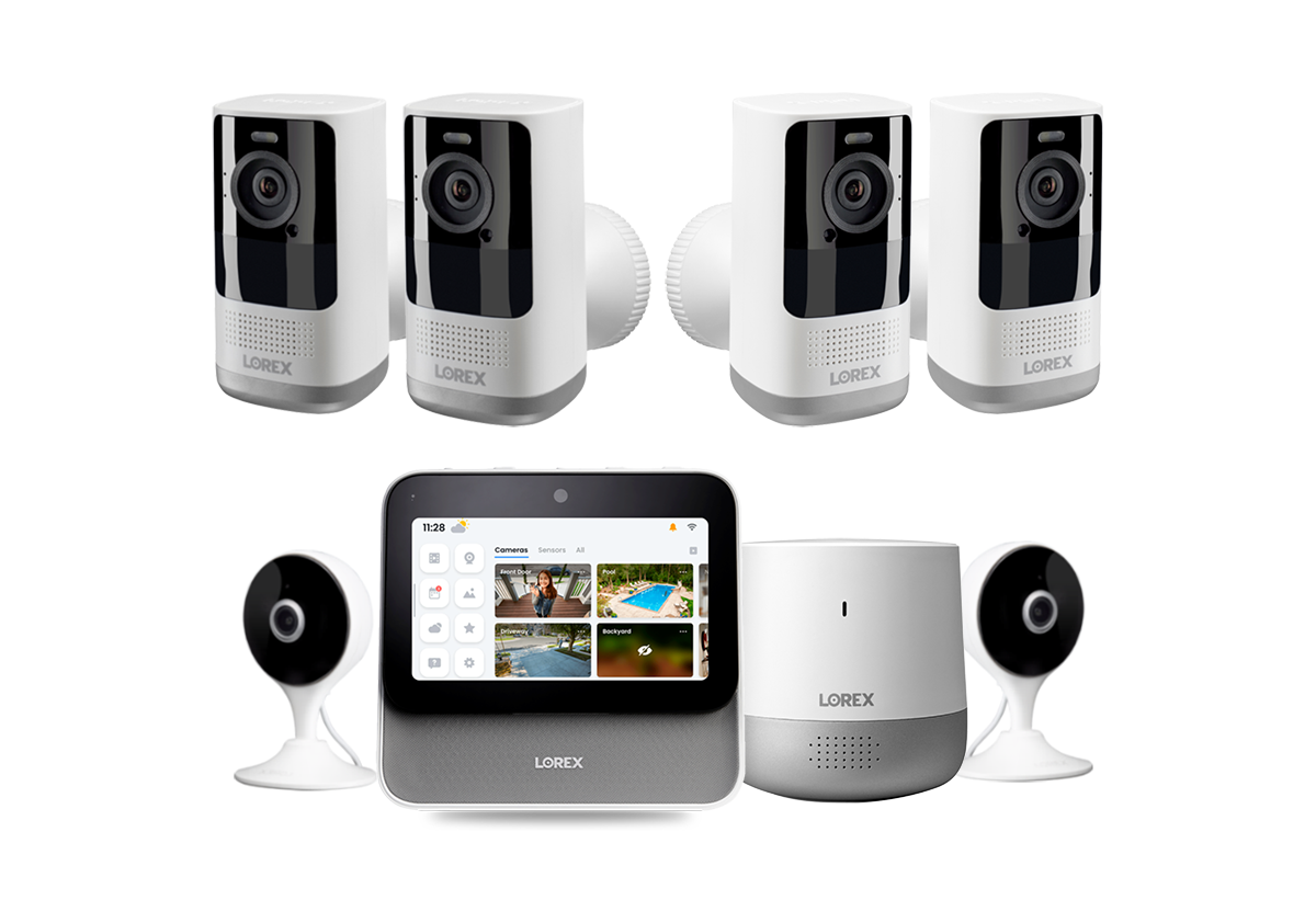 Lorex Smart Home Security Center with 2K Wire-Free Cameras, Two 2K Indoor Wi-Fi Security Cameras and Range Extender