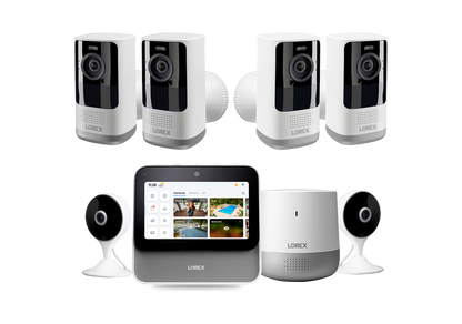 Lorex Smart Home Security Center with 2K Wire-Free Cameras, Two 2K Indoor Wi-Fi Security Cameras and Range Extender