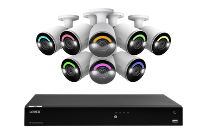 Lorex Fusion 4K (16 Camera Capable) 4TB Wired NVR System with Eight Bullet Camera Featuring Smart Security Lighting and 2-Way Audio