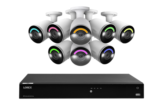 Lorex Fusion 4K (16 Camera Capable) 4TB Wired NVR System with Eight Bullet Camera Featuring Smart Security Lighting and 2-Way Audio