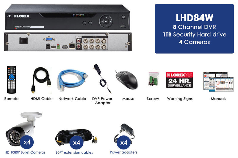 8 Channel HD MPX DVR with 1TB HDD, 4 1080p Cameras with 130FT Night Vision