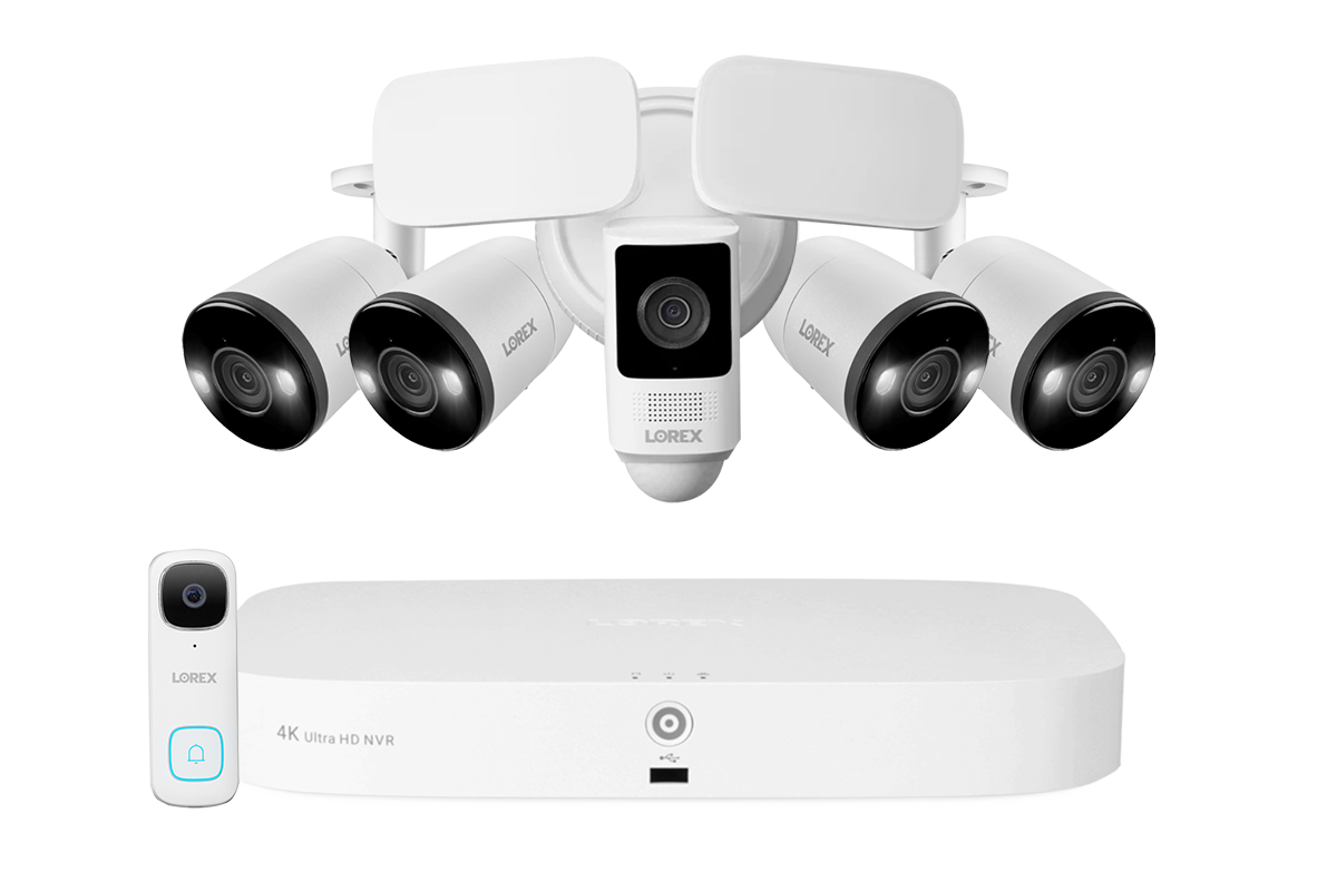 Lorex Fusion 4K 16 Camera Capable (8 Wired + 8 Wi-Fi) 2TB NVR System with 4 Smart Deterrence Bullet Cameras, One 2K Wired Doorbell, and One 2K Floodlight