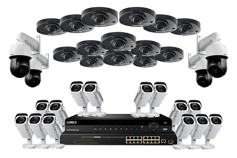 32-Channel Nocturnal NVR Security System with Fourteen 4K Varifocal Zoom Bullets, Fourteen 2K Audio Domes and Four 2K PTZ Domes with 12