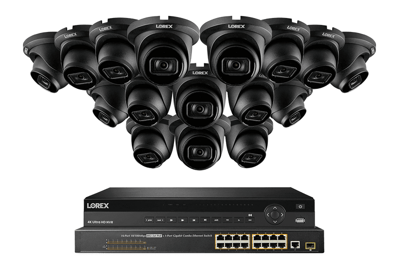 Lorex 4K (32 Camera Capable) 8TB Wired NVR System with Nocturnal 3 16 Black Smart IP Dome Cameras Featuring Listen-In Audio and 30FPS Recording