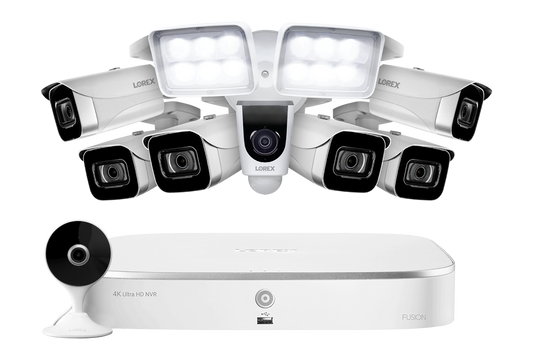 Lorex Fusion 4K 16 Camera Capable (8 Wired + 8 Wi-Fi) 2TB NVR System with 6 IP Bullet Cameras, 2K Indoor Wi-Fi Security Camera and Wi-Fi Floodlight Camera