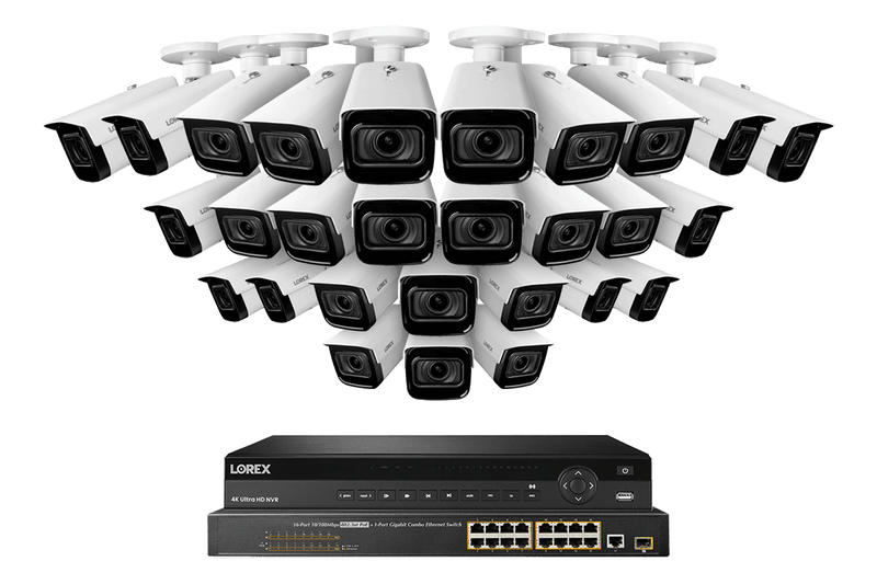 Lorex 4K (32 Camera Capable) 8TB Wired NVR System with Nocturnal 3 28 White Smart IP Bullet Cameras Featuring Motorized Varifocal Lens and 30FPS Recording