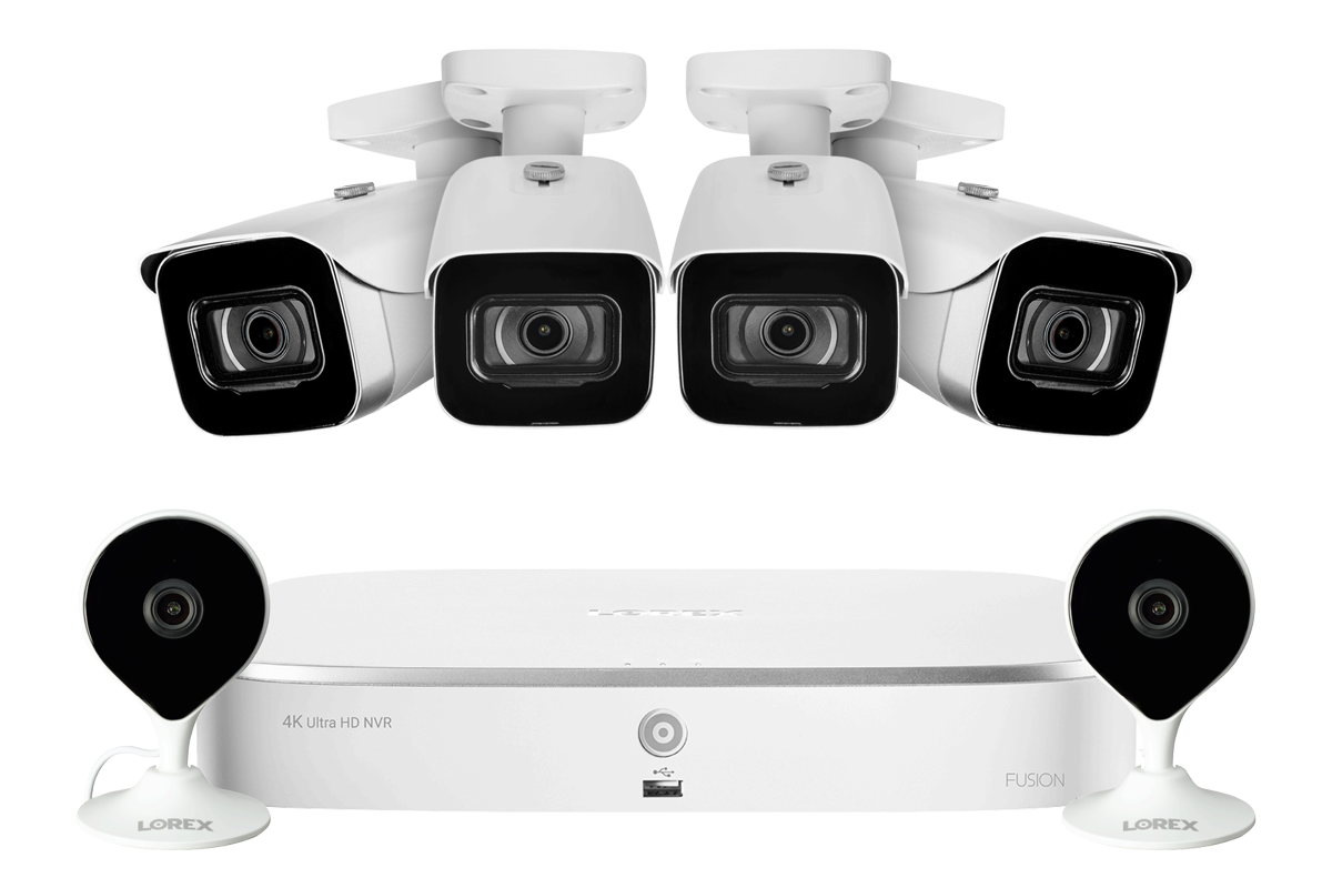 8-Channel NVR Fusion System with Four 4K (8MP) IP Cameras and 2 Wi-Fi Indoor Cameras