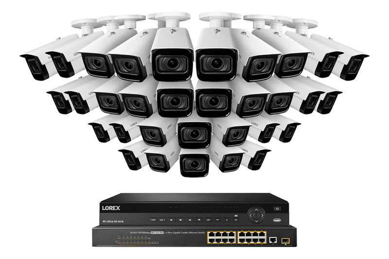 Lorex 4K (32 Camera Capable) 8TB Wired NVR System with Nocturnal 3 32 White Smart IP Bullet Cameras Featuring Motorized Varifocal Lens and 30FPS Recording