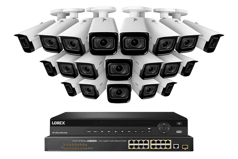 Lorex 4K (32 Camera Capable) 8TB Wired NVR System with Nocturnal 3 20 White Smart IP Bullet Cameras Featuring Motorized Varifocal Lens and 30FPS Recording