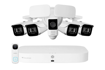 Lorex Fusion 4K 16 Camera Capable (8 Wired + 8 Wi-Fi) 2TB NVR System with 4 IP Bullet Cameras, One 2K Battery Operated Doorbell, and One 2K Floodlight - White