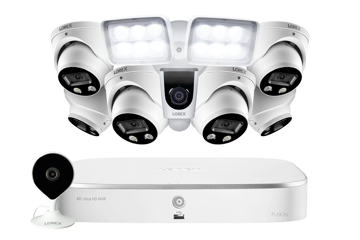 8-Channel NVR Fusion System with Six 4K Smart Deterrence IP Dome Security Cameras, Wi-Fi Floodlight and Indoor Camera