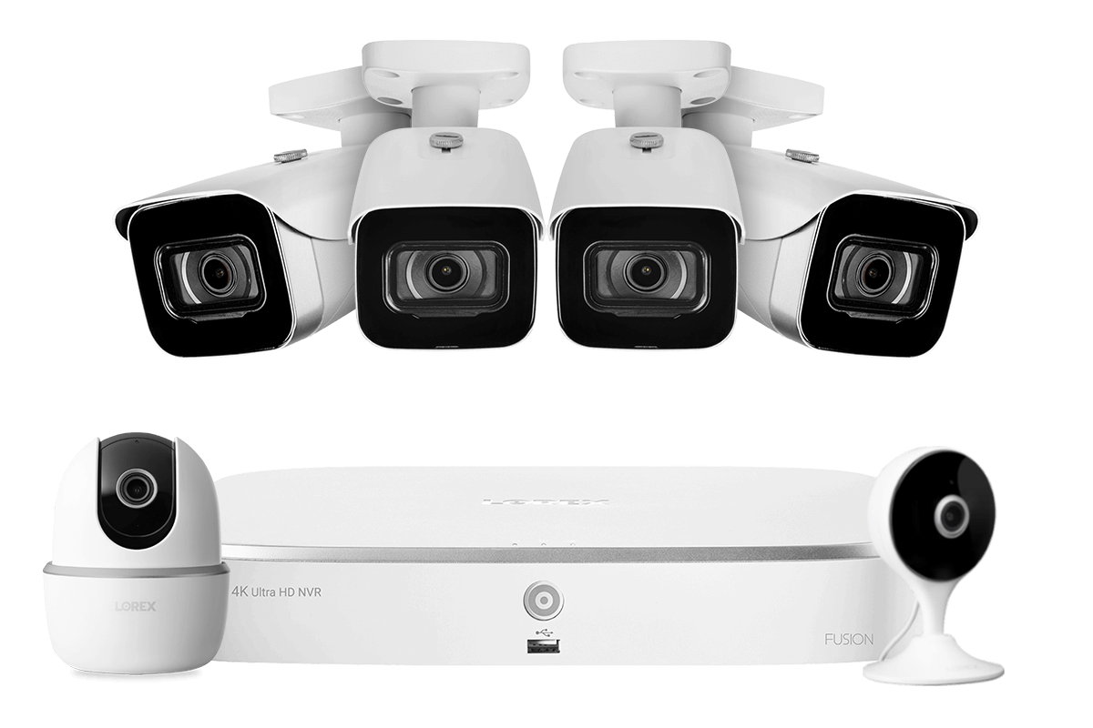 Lorex Fusion 4K 16 Camera Capable (8 Wired + 8 Wi-Fi) 2TB NVR System with 4 IP Bullet Cameras, One 2K Pan-Tilt Camera and One 2K Indoor Wi-Fi Camera