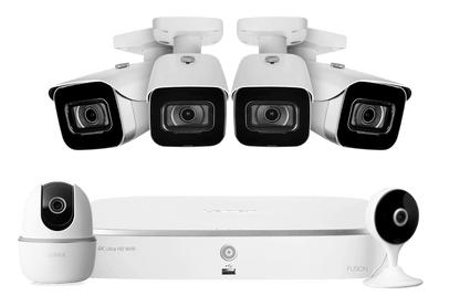 Lorex Fusion 4K 16 Camera Capable (8 Wired + 8 Wi-Fi) 2TB NVR System with 4 IP Bullet Cameras, One 2K Pan-Tilt Camera and One 2K Indoor Wi-Fi Camera