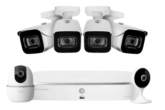 Lorex Fusion 4K 16 Camera Capable (8 Wired + 8 Wi-Fi) 2TB NVR System with 4 IP Bullet Cameras, One 2K Pan-Tilt Camera and One 2K Indoor Wi-Fi Camera