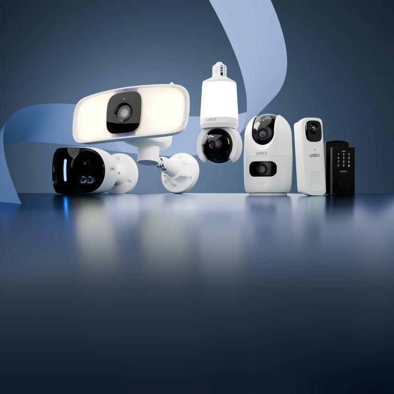 Smart home security banner featuring Lorex Wi-Fi security cameras, a video doorbell, floodlight camera and smart lock on a blue background with a soft ribbon design.