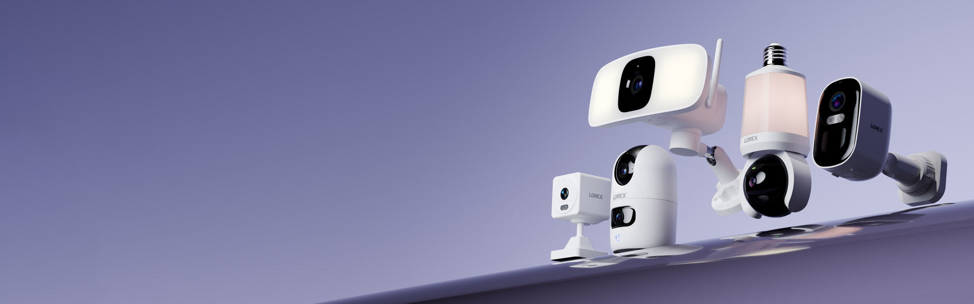 Lorex Connect smart home security cameras, including floodlight, lightbulb, indoor, outdoor, and pan-tilt cameras on a purple background.
