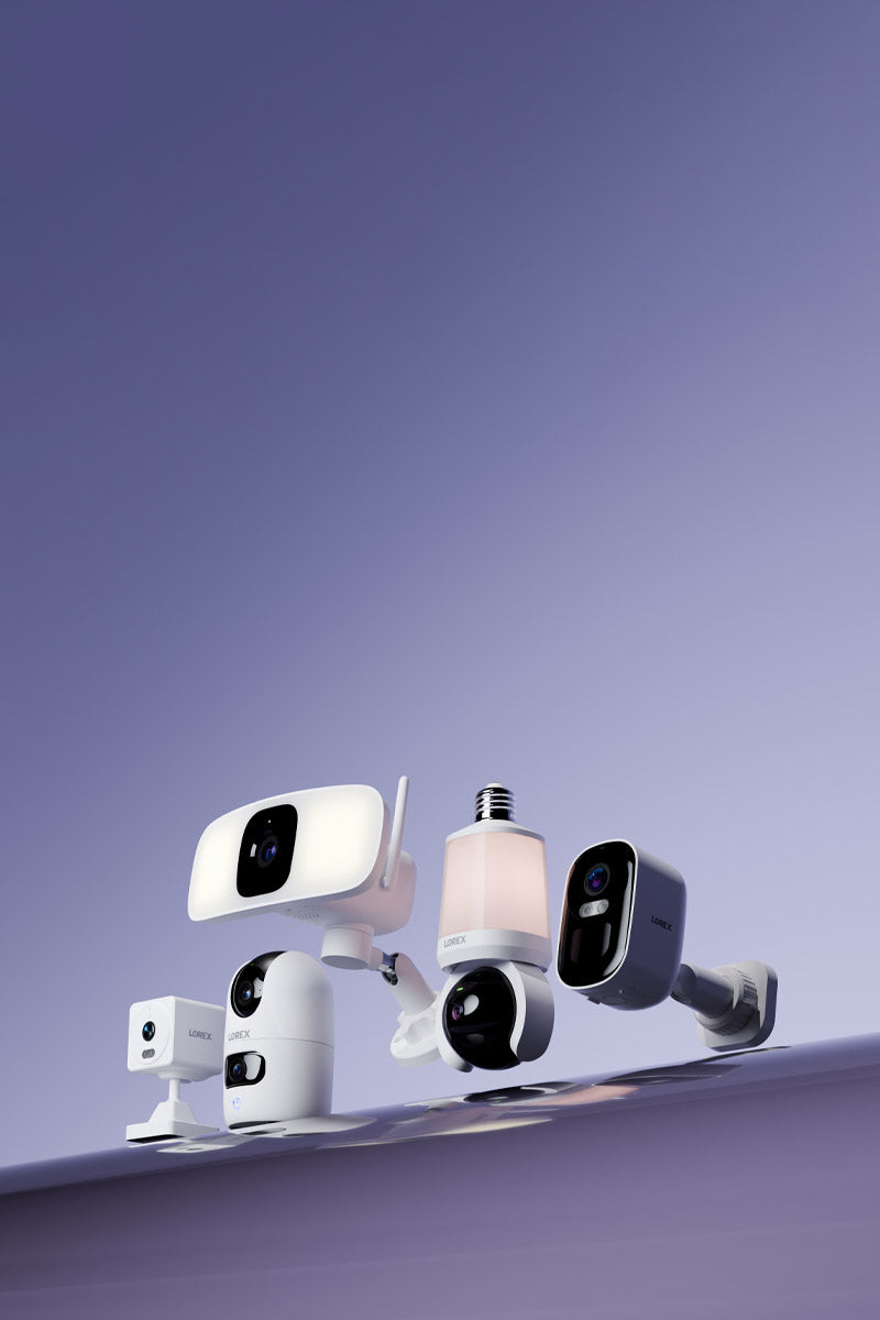 Lorex Connect smart home security cameras, including floodlight, lightbulb, indoor, outdoor, and pan-tilt cameras on a purple background.