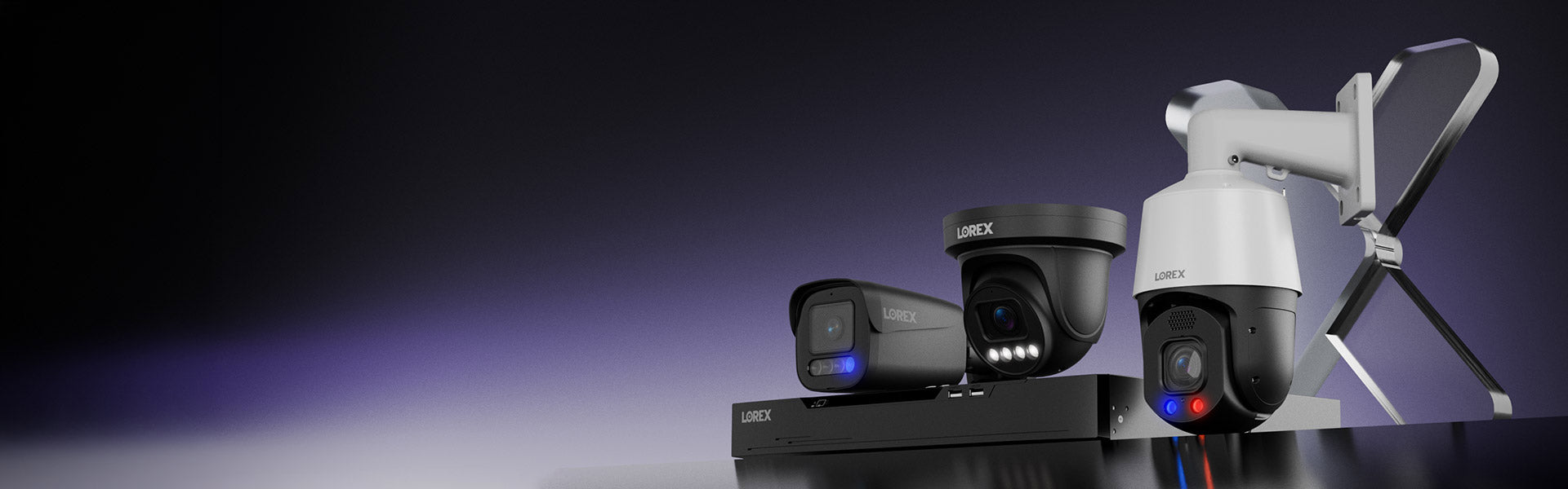 Lorex X Series security cameras and NVR system on display, showcasing advanced smart home and property surveillance