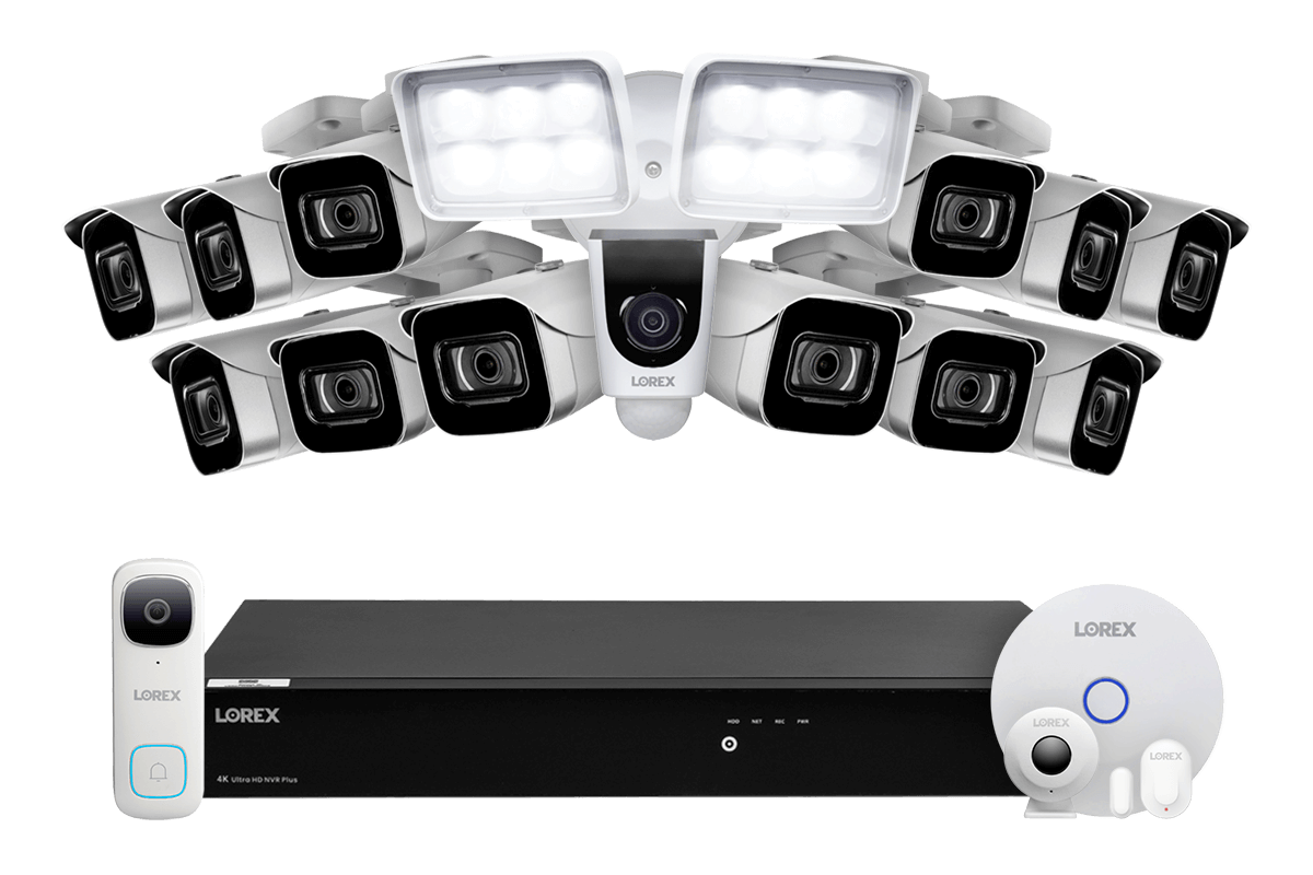 Lorex Fusion 4K (16 Camera Capable) 3TB Wired NVR System with 12 IP Bullet Cameras, 2K Video Doorbell, One 1080P Floodlight and Smart Sensor Kit - Lorex Corporation