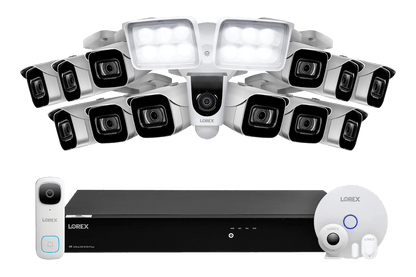 Lorex Fusion 4K (16 Camera Capable) 3TB Wired NVR System with 12 IP Bullet Cameras, 2K Video Doorbell, One 1080P Floodlight and Smart Sensor Kit - Lorex Corporation
