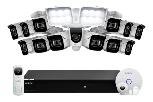 Lorex Fusion 4K (16 Camera Capable) 3TB Wired NVR System with 12 IP Bullet Cameras, 2K Video Doorbell, One 1080P Floodlight and Smart Sensor Kit - Lorex Corporation
